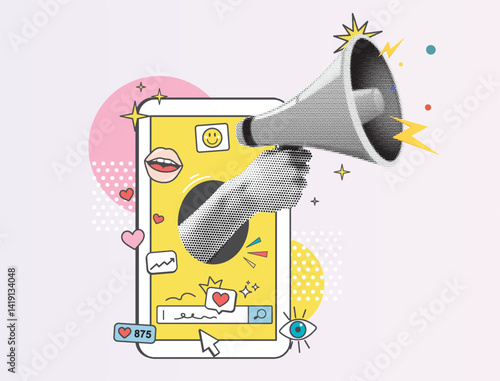 Halftone collage with smartphone and loudspeaker in hand, dissemination news and advertising. Concept of engagement, content popularity, content promotion. Modern retro fashion advertising banner.