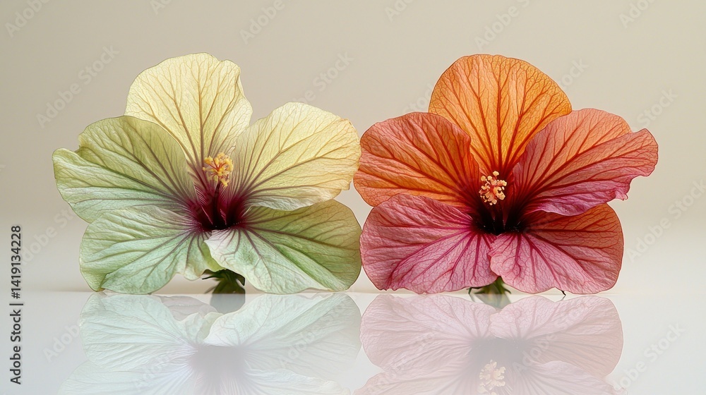 Obraz premium Two vibrant hibiscus flowers, one pale yellow-green, the other coral-orange, sit in close proximity, their delicate petals reflecting on a light surface