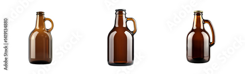 Amber beer growler bottles, isolated, three, transparent background, cut out transparent