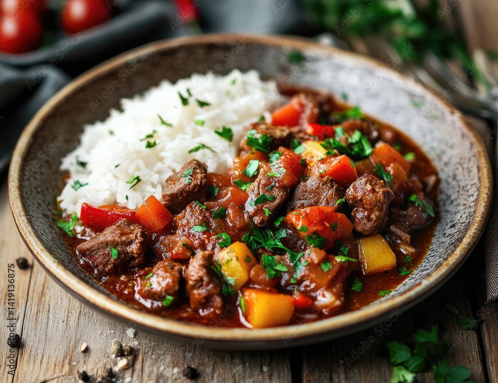 A plate of beef stew with white rice, garnished with parsley and a side of red pepper and cherry tomatoes A plate of beef stew with white rice, garnished with parsley and a side of red pepper and cherry tomatoes