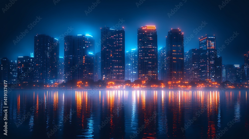 Obraz premium A moody nightscape city view with midnight blue skyscrapers reflecting in water, burnt copper signage glowing on buildings, fog rolling in and light haze blending the skyline.