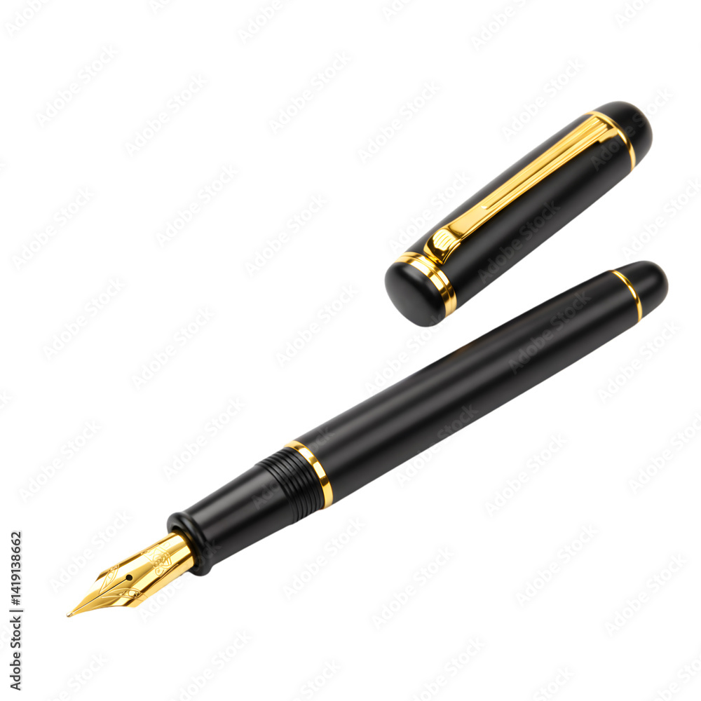Elegant Black Fountain Pen with Gold Accents, Shows Transparent Background Elegant Black Fountain Pen with Gold Accents, Shows Transparent Background