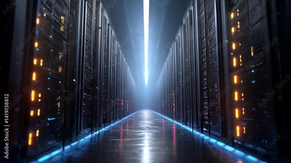 Fototapeta premium Futuristic server room, illuminated pathway