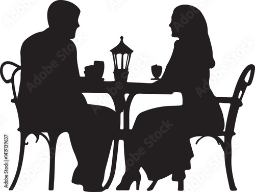 Couple sitting at a café stylish pose vector silhouette