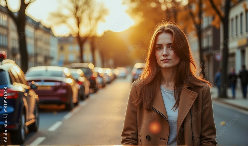 Fototapeta premium A woman is walking down a street in front of a row of parked cars. The sun is setting, casting a warm glow on the scene. The woman is wearing a brown coat and she is in a contemplative mood