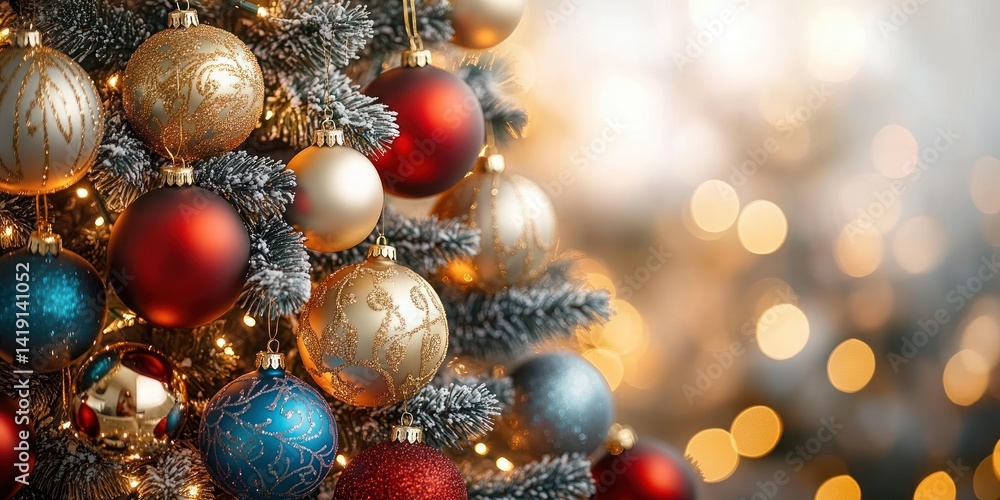 Festive Christmas tree with gold red and blue ornaments warm bokeh lights golden hour lighting shallow depth of field Festive Christmas tree with gold red and blue ornaments warm bokeh lights golden hour lighting shallow depth of field