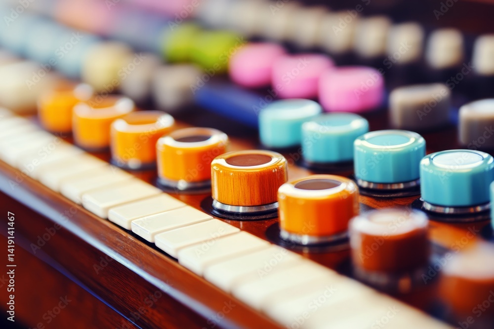 Naklejka premium Close-up Shot of a Vintage Wooden Piano Keys with Textured Surface and Subtle Light, Evoking Nostalgia and Musicality