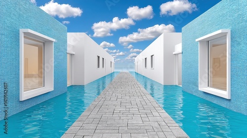 Flooded Alleyway with White Buildings and Blue Patterned Walls Digital Rendering