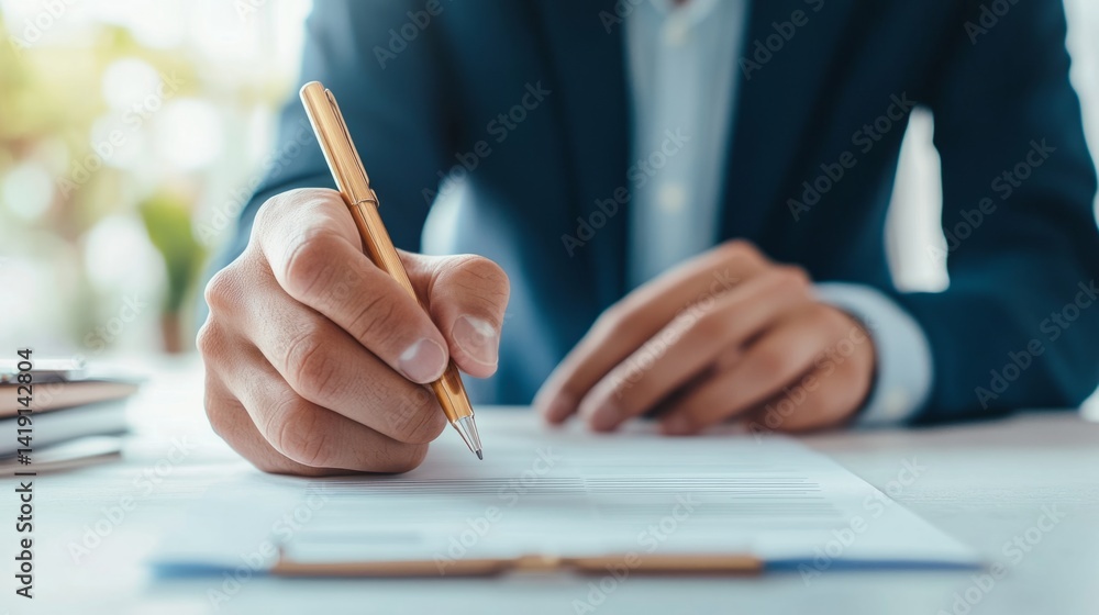 Business Professional Signing Document, Focused Businessman Writing on Paper, Corporate Agreement Concept Business Professional Signing Document, Focused Businessman Writing on Paper, Corporate Agreement Concept