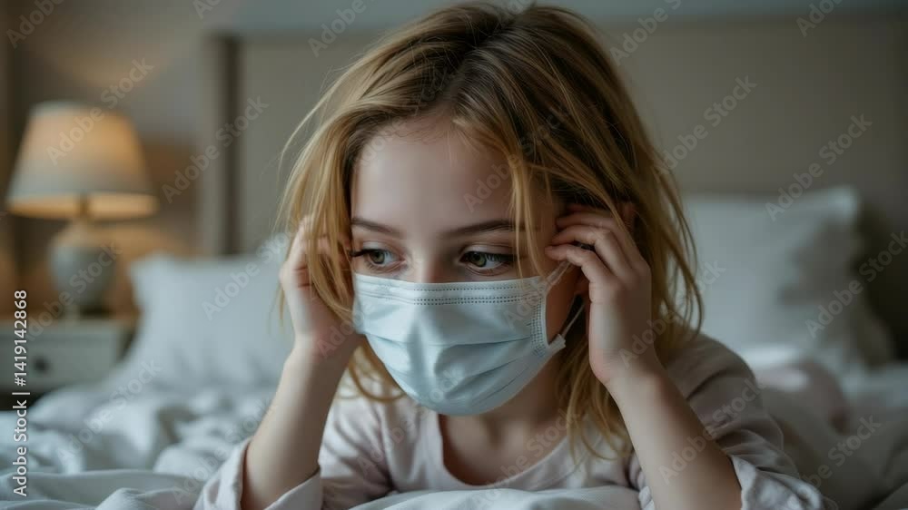 Child isolated in bed wearing mask, parental care and infection control at home, pandemic influence concept, child's infection irregularities concept, Generative AI. Child isolated in bed wearing mask, parental care and infection control at home, pandemic influence concept, child's infection irregularities concept, Generative AI.