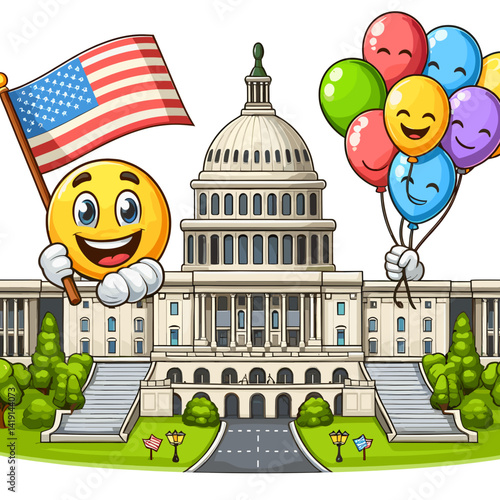 Cheerful emoji character holding an American flag and balloons in front of the U.S. Capitol building