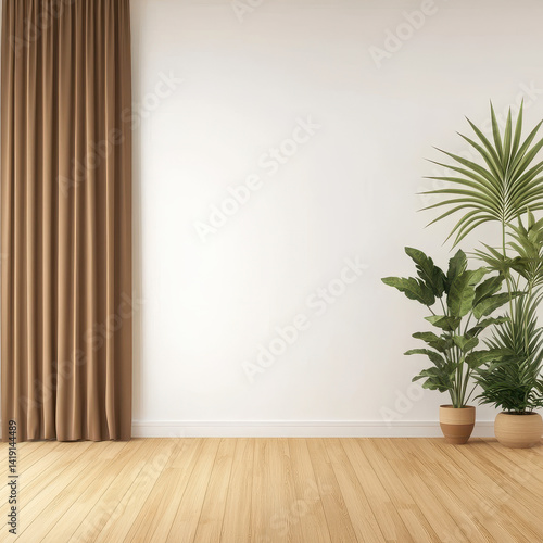 Tranquil indoor setting with plants and curtains on wooden floor