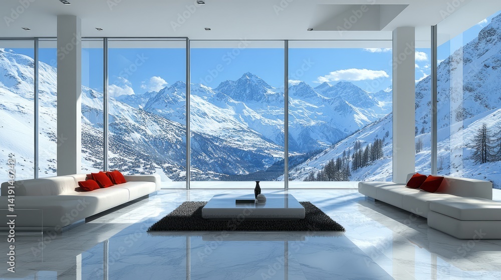 Fototapeta premium Modern living room boasts snowy mountain views through expansive windows