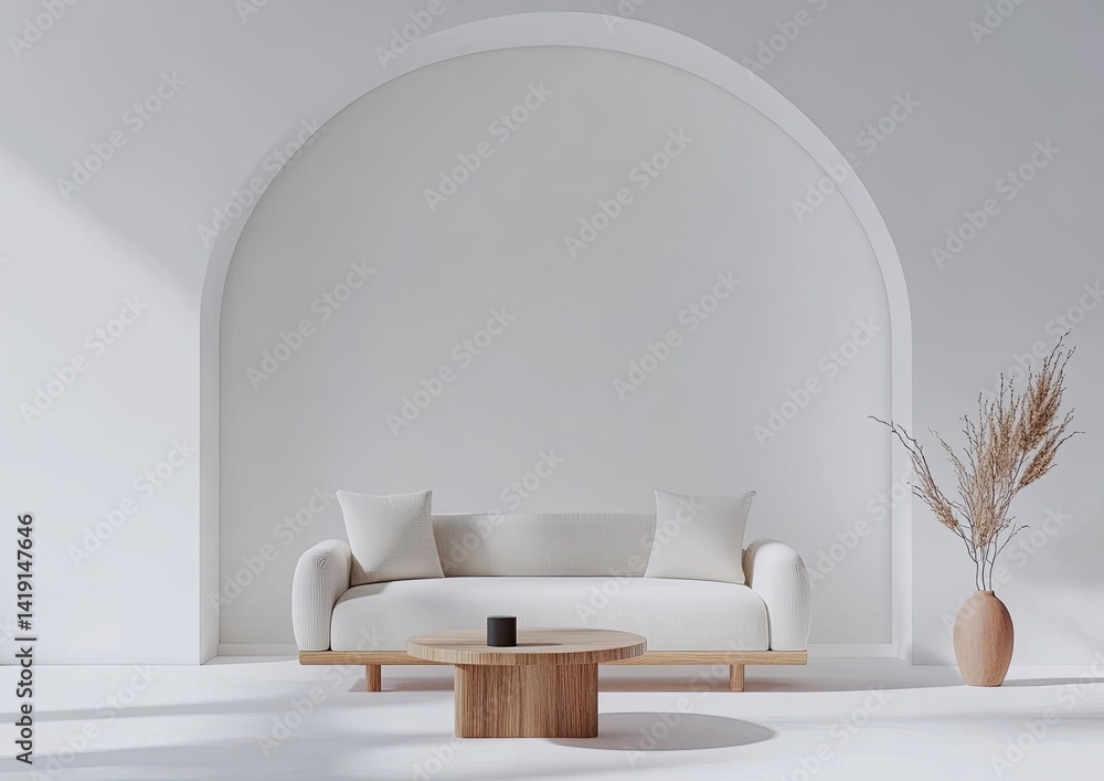 Fototapeta premium Minimalist living room with arched wall, beige sofa, wooden coffee table, and pampas grass