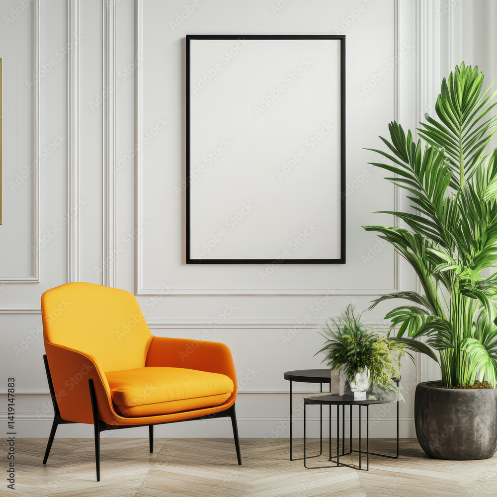 Cozy Interior with Bright Orange Chair and Green Plant Decor Cozy Interior with Bright Orange Chair and Green Plant Decor