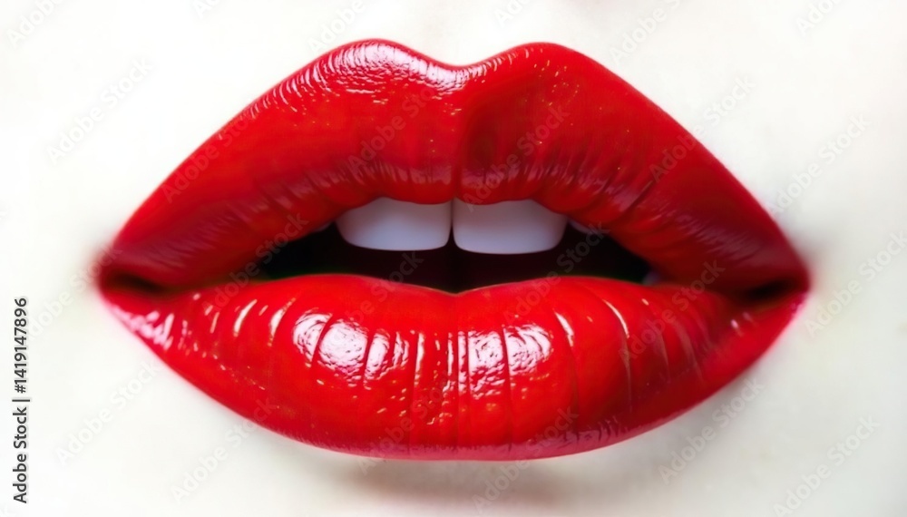 Intensely colored red lips against pure white, simple background, lip product Intensely colored red lips against pure white, simple background, lip product