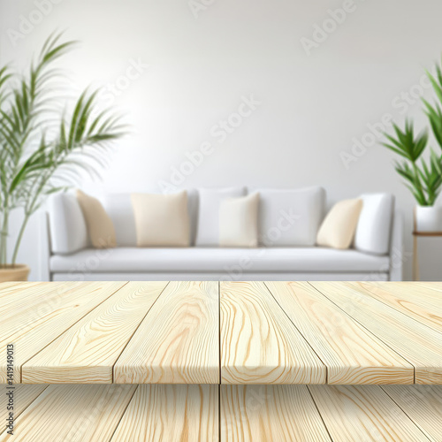 Bright Interior Scene with Cozy Couch and Wooden Table Surface