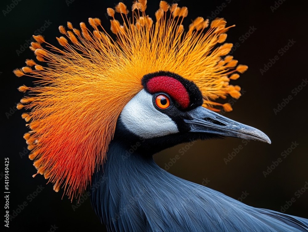 Fototapeta premium Majestic Crowned Crane Portrait: A Close-Up of Intricate Plumage, Vibrant Colors, and Elegant Features in a Dramatic Dark Setting, Showcasing Avian Beauty