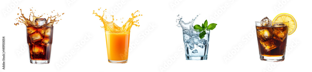 Refreshing drinks selection with colorful splashes and ingredients, cut out transparent Refreshing drinks selection with colorful splashes and ingredients, cut out transparent