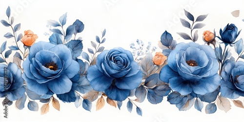Seamless horizontal floral border with blue roses and greenery watercolor pattern