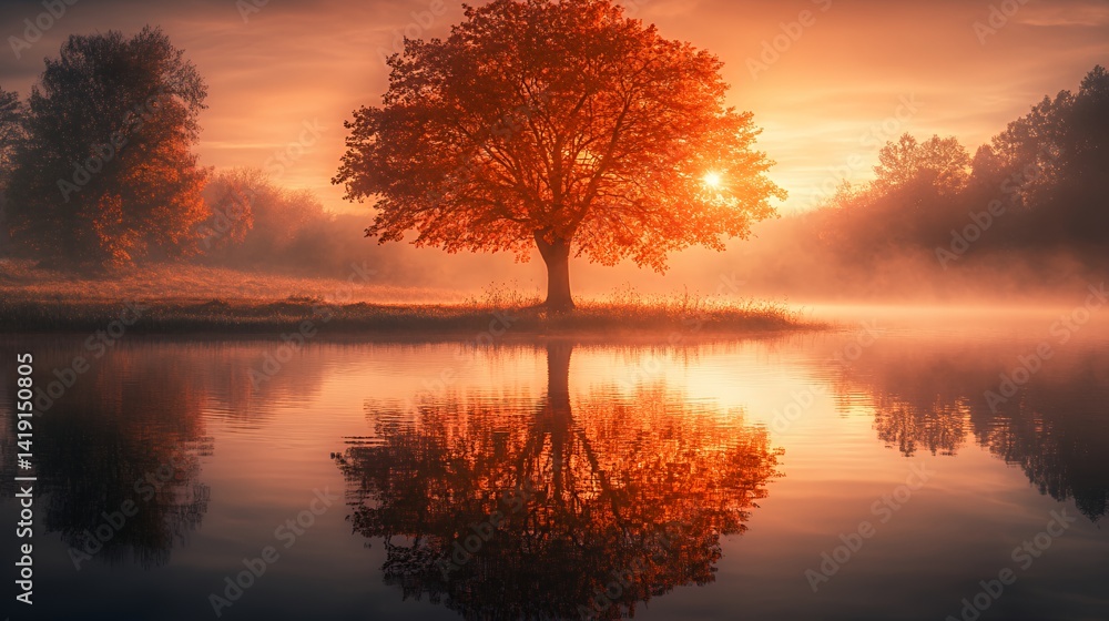 Fototapeta premium Breathtaking autumn sunrise over a tranquil lake with a vibrant orange tree.