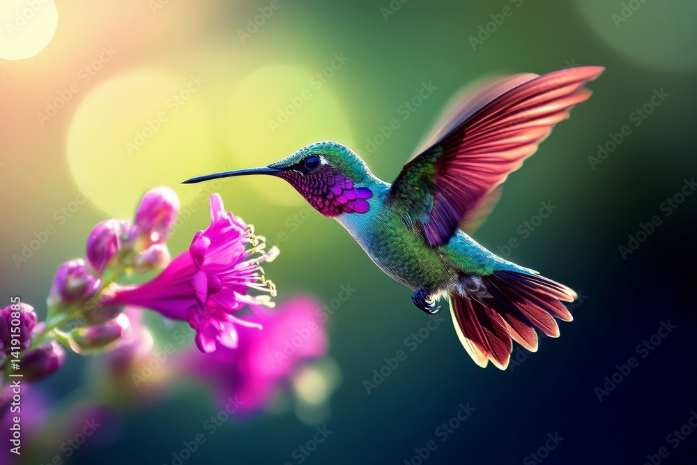 Fototapeta premium A stunning portrayal of a hummingbird seeking nectar.