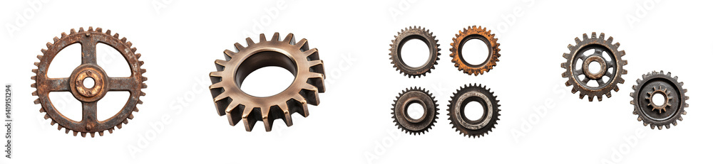 Group of mechanical gears in different shapes, cut out transparent Group of mechanical gears in different shapes, cut out transparent