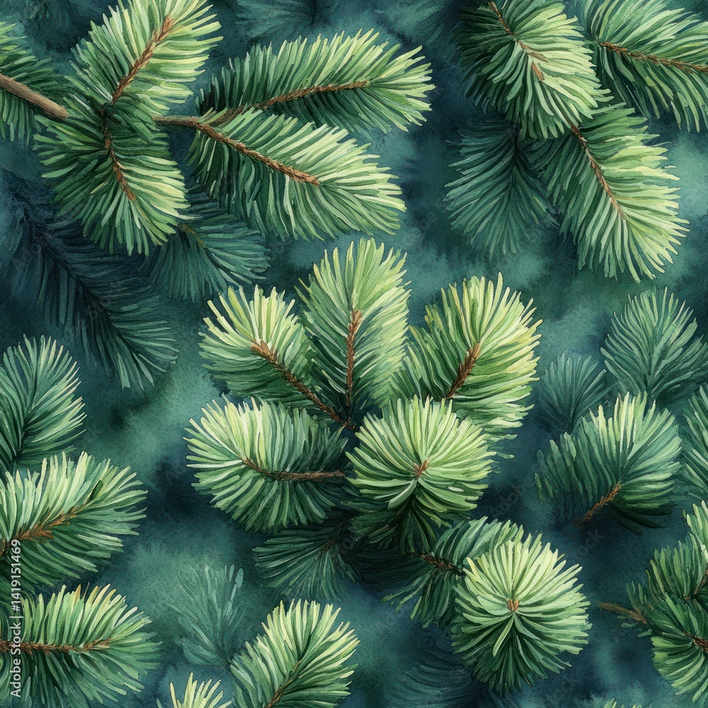 Watercolor Seamless Pattern of Fir Tree Branches Green Pine Spruce Botanical Holiday Decoration Christmas New Year Background Watercolor Seamless Pattern of Fir Tree Branches Green Pine Spruce Botanical Holiday Decoration Christmas New Year Background