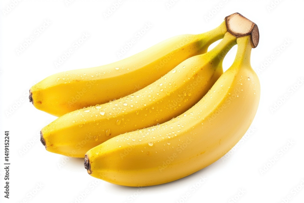 Fresh and Vibrant Yellow Bananas with Water Drops on White Background Fresh and Vibrant Yellow Bananas with Water Drops on White Background