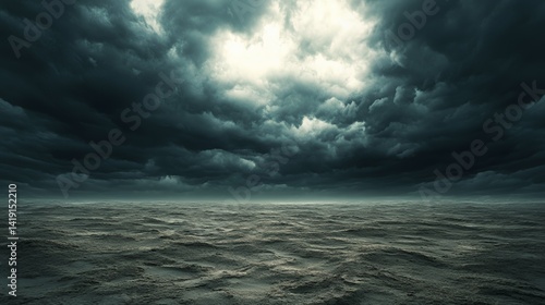Dramatic ocean landscape under a dark, menacing sky.