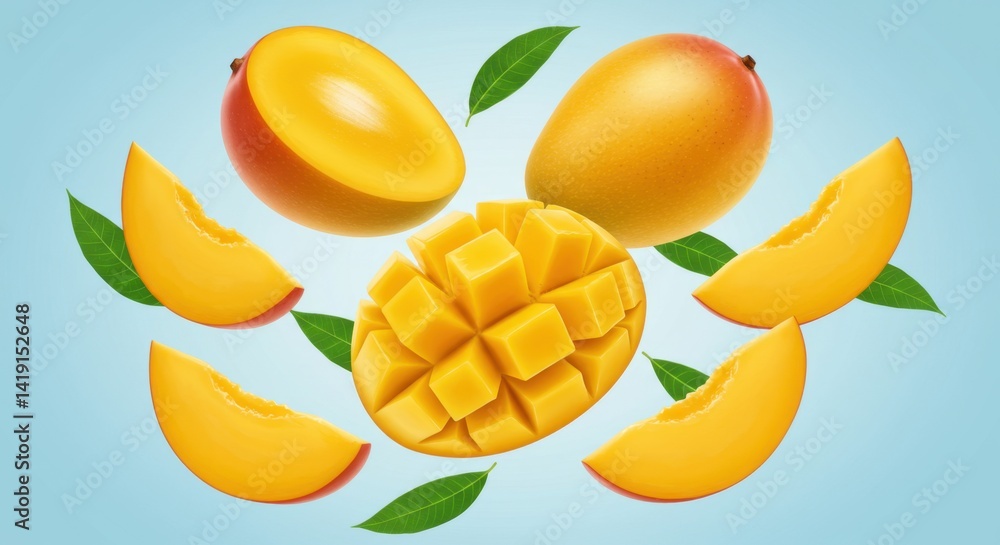 Fototapeta premium Ripe Yellow Mango Slices and Whole Fruit on Blue Background