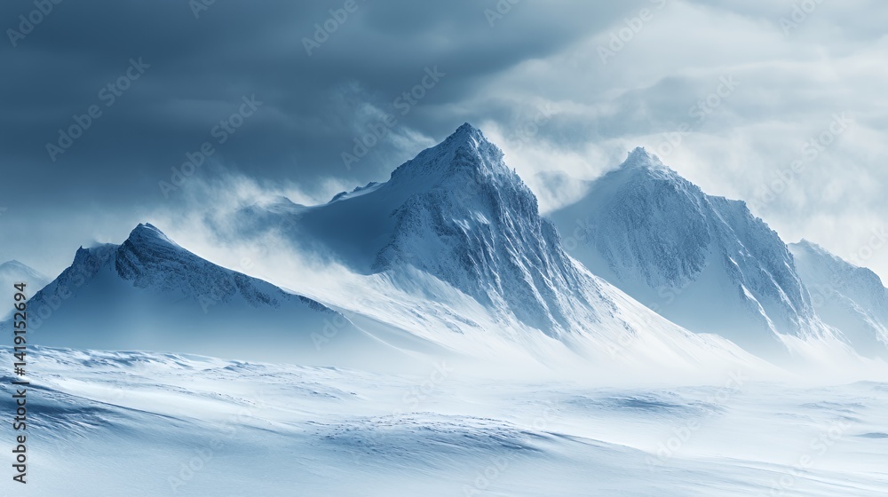Majestic snow-covered mountains under a dramatic cloudy sky. Majestic snow-covered mountains under a dramatic cloudy sky.