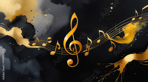 Watercolor golden musical notes and treble clef on black background. Elegant music art print.