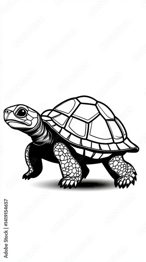Fototapeta premium Detailed black and white line drawing of a realistic tortoise with textured and legs, showcasing natural animal features and intricate design elements