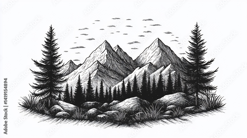 Obraz premium Monochrome mountain range illustration, trees, rocks, sky, nature print