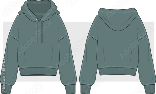 Oversized basic pullover hoodie. Fashion technical drawing, illustration, vector. Front and back view. Unisex casual clothing, Cad, Mockup.
