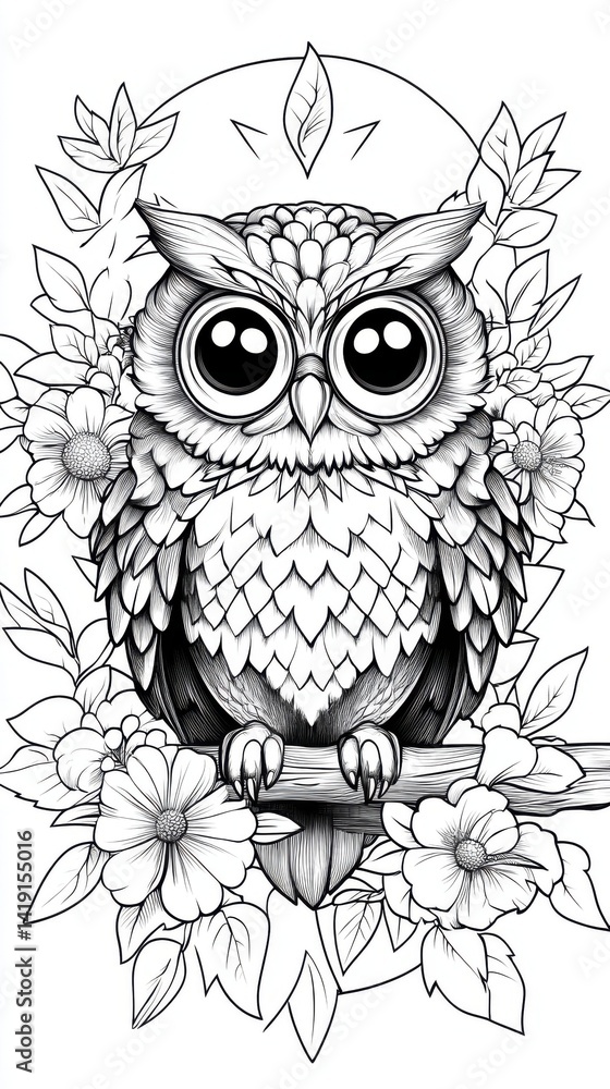 Fototapeta premium Detailed black and white illustration of an adorable owl with large expressive eyes perched on flowers surrounded by leaves and a moon in the background in a whical art style