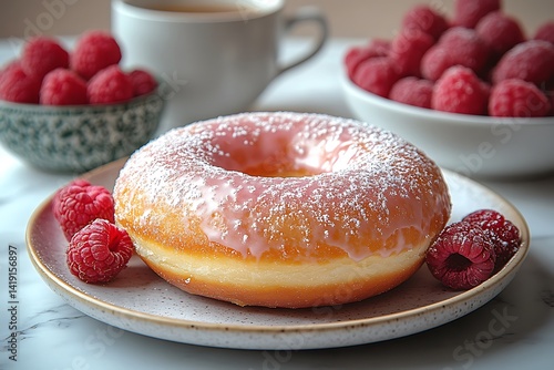 Wallpaper Mural Glazed donut with powdered sugar served alongside fresh raspberries and coffee Torontodigital.ca