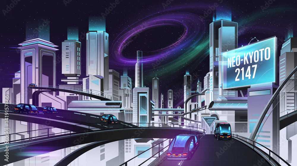 Obraz premium Neo kyoto cityscape futuristic city illustration with flying cars and modern architecture art design