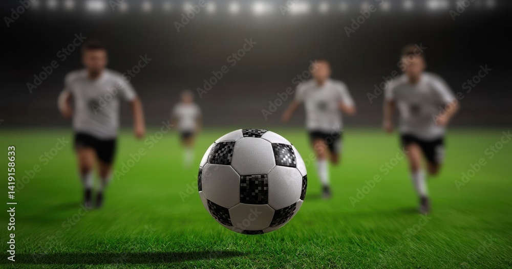 Fototapeta premium Soccer Players Running Towards a Ball on a Grass Field at Night