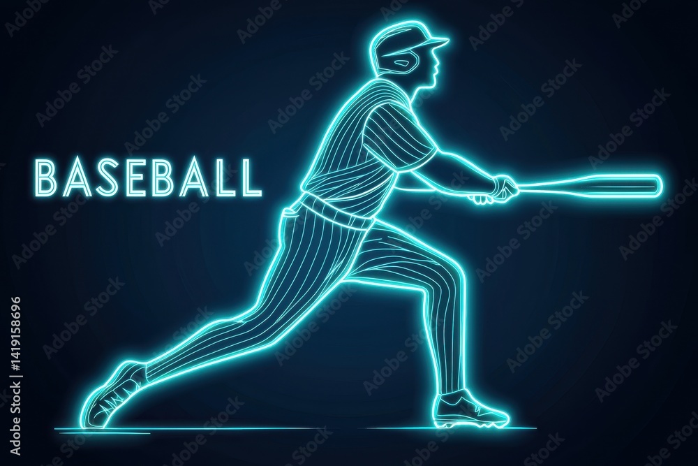 Neon Baseball Player Hitting Ball in a Dark Background Neon Baseball Player Hitting Ball in a Dark Background