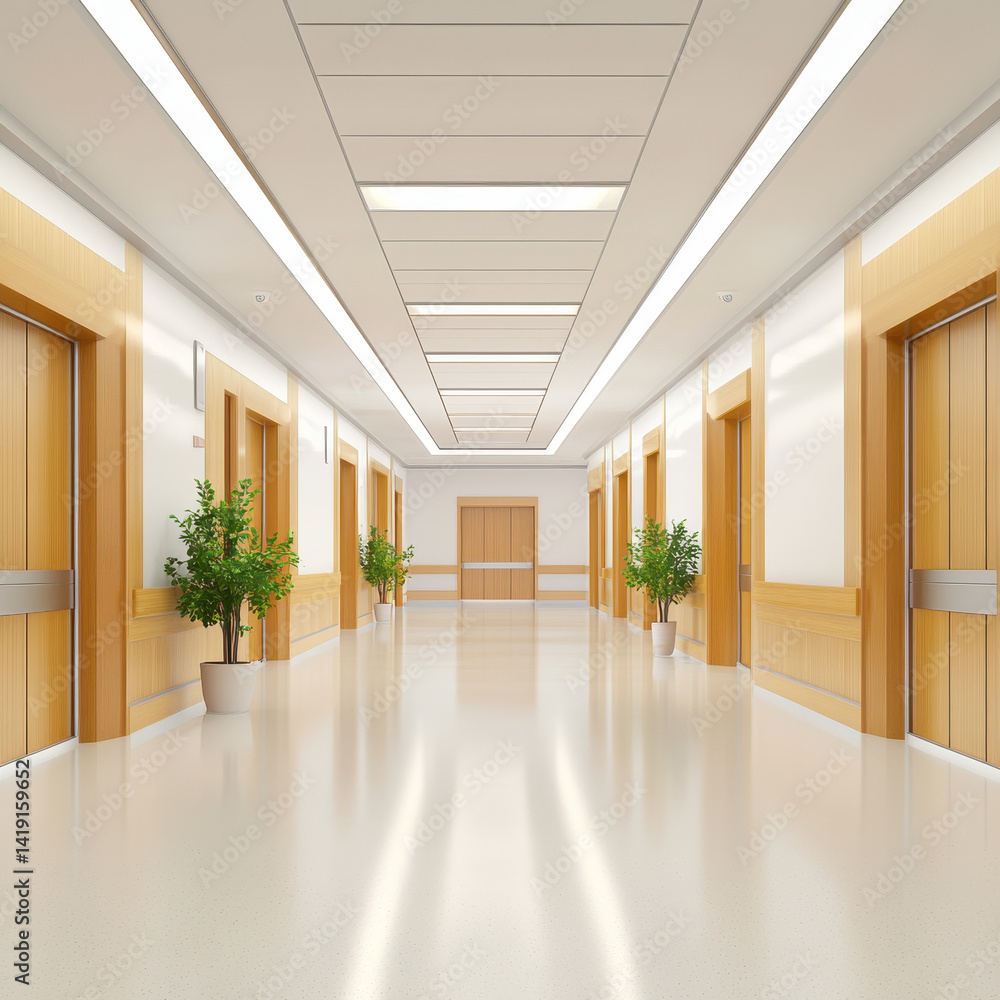 Fototapeta premium Modern Hospital Corridor with Elevators and Potted Plants