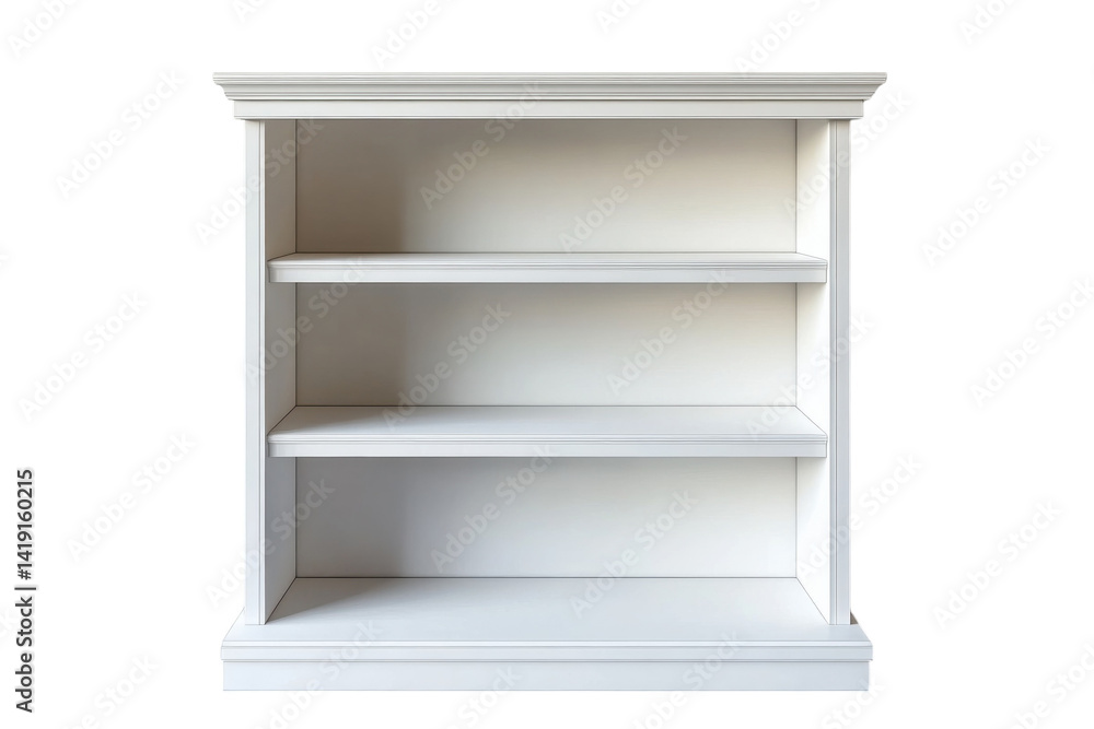 Elegant white three shelf bookcase perfect for home or office d cor clean lines and minimalist on transparent background Elegant white three shelf bookcase perfect for home or office d cor clean lines and minimalist on transparent background
