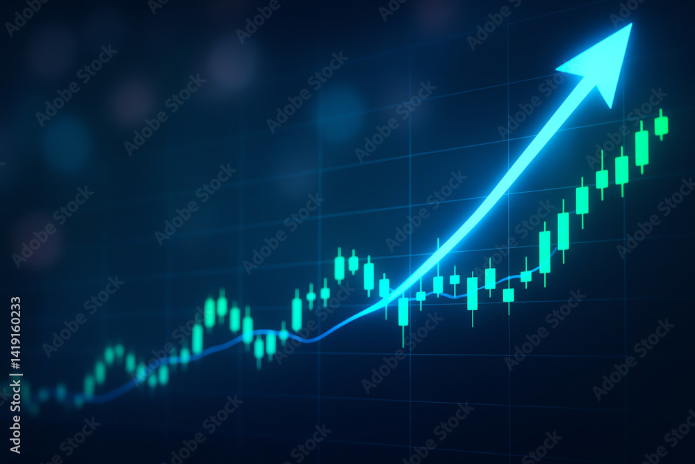 A dynamic financial chart showing an upward trend with glowing green and blue lines, symbolizing growth and investment opportunities in economic markets.