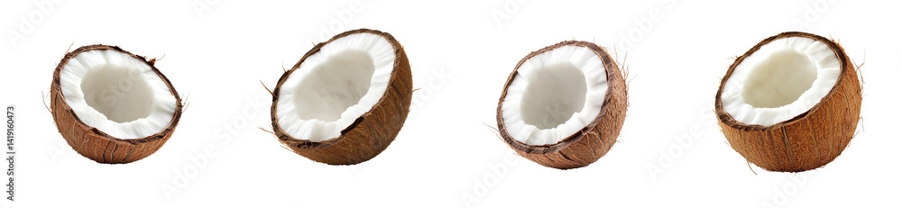 Sliced Coconut Halves Showing White Flesh in Four Angles, cut out transparent Sliced Coconut Halves Showing White Flesh in Four Angles, cut out transparent
