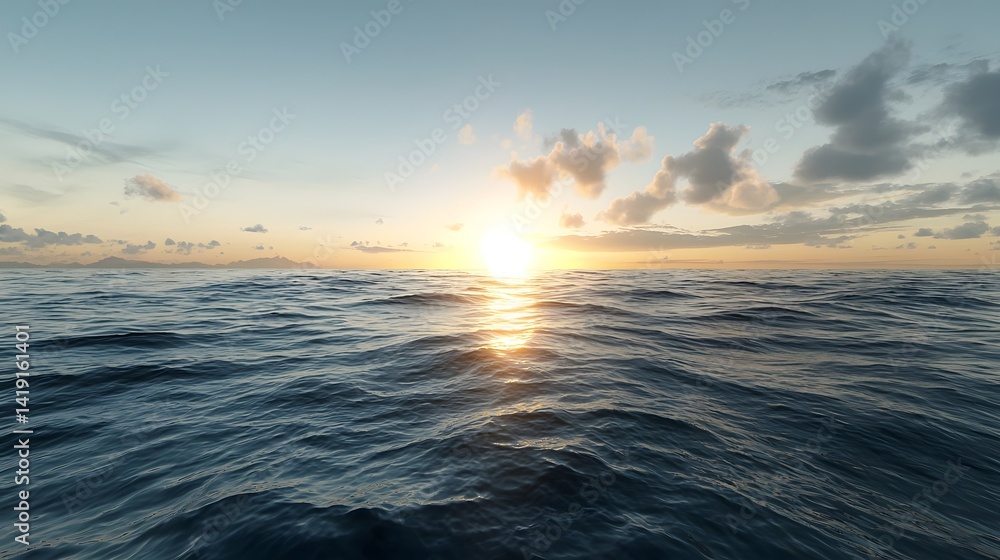 Fototapeta premium Mesmerizing view of the sun setting over an endless ocean horizon with the golden light beautifully reflecting on the calm tranquil waves A breathtaking and picturesque coastal landscape scene
