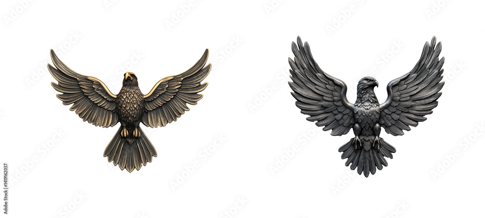 Obraz premium Two majestic eagles, metal craftsmanship art, dark backdrop, cut out transparent