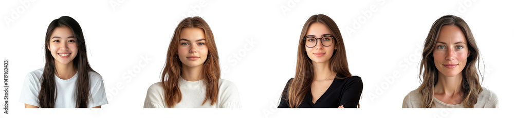 Four diverse women smiling in a row, portraits, cut out transparent Four diverse women smiling in a row, portraits, cut out transparent