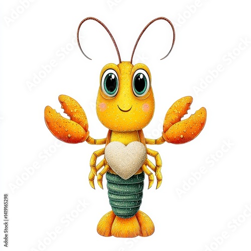 Adorable Golden Cartoon Lobster with Teal Mermaid Tail and Heart