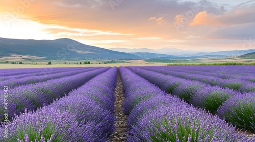 Captivating image of a vast expansive field of vibrant purple lavender flowers stretching to the distant horizons under a stunning golden sunset sky with wispy clouds